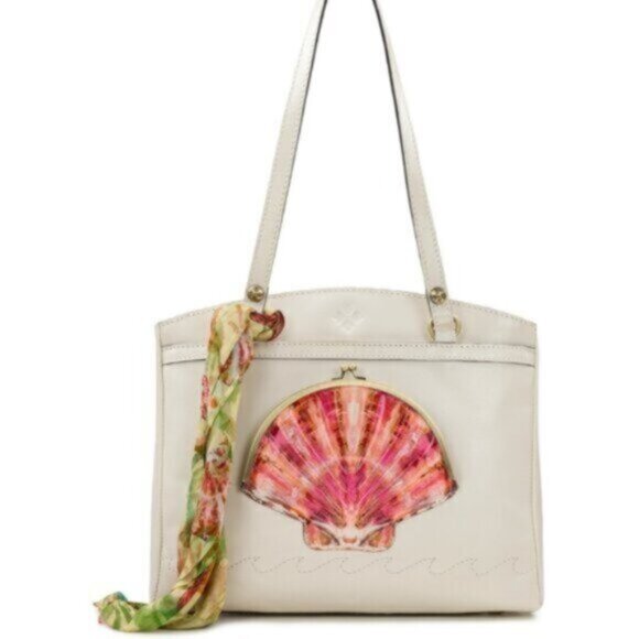 Patricia Nash Poppy Tote Leather w Seashells by the Seashore Scarf Latte White - Picture 1 of 12